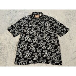 Bruno New York Mens Large Black White Palm Tree Tropical Rayon Button Up Shirt